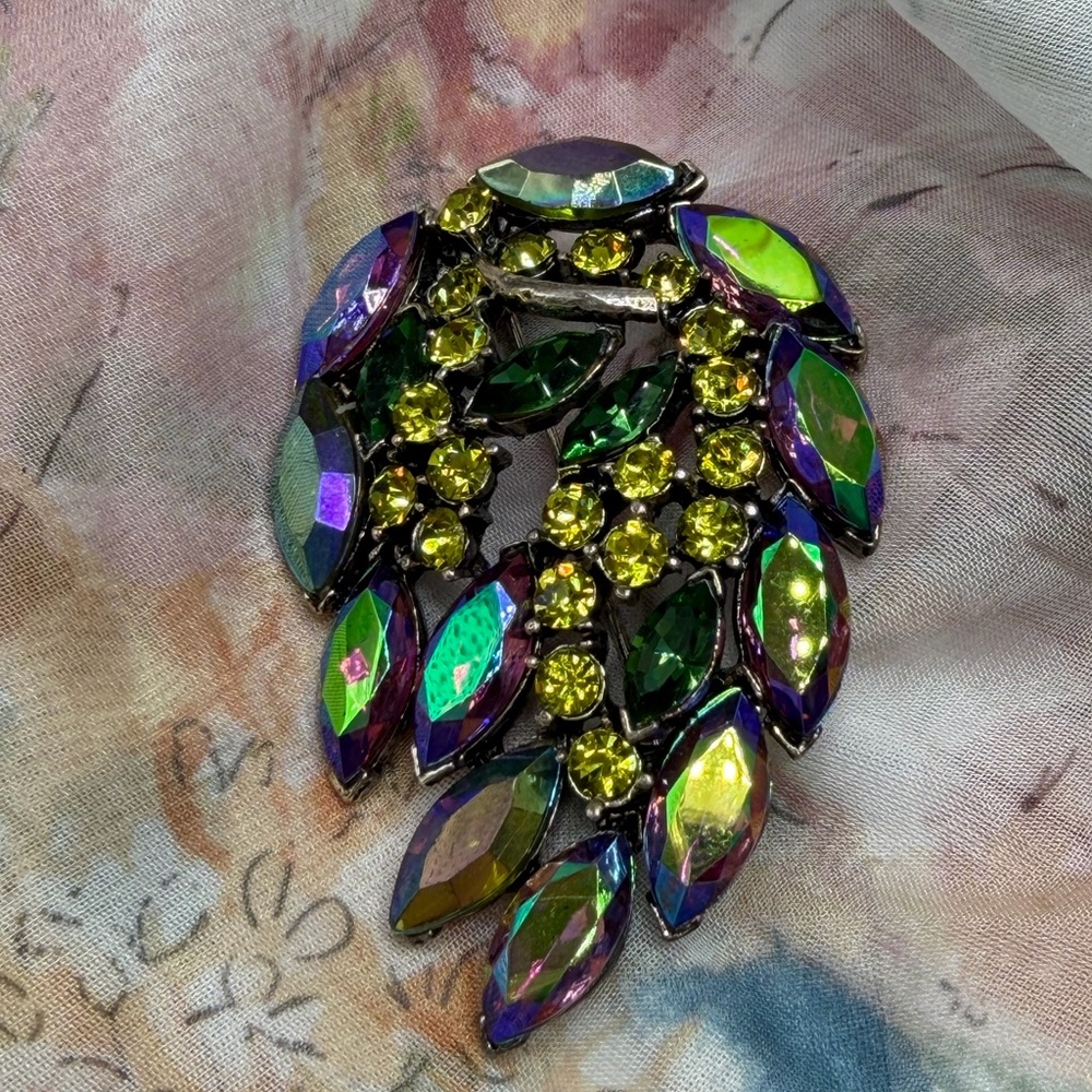 Albert Weiss Iridescent Green and Purple Crystal Leaf Brooch #4WE